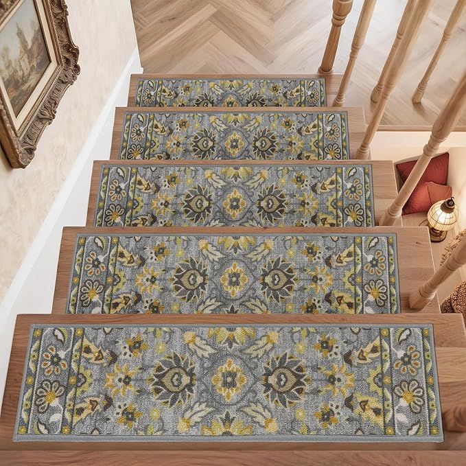 COSY HOMEER-Stair-Treads-for-Wooden-Steps Washable Indoor Carpet Stair Treads Non Slip 8" X 30" Soft Stair Carpet Treads Reusable Peel and Stick Stair Runner Rug for Kids, Elders and Pets 4pcs