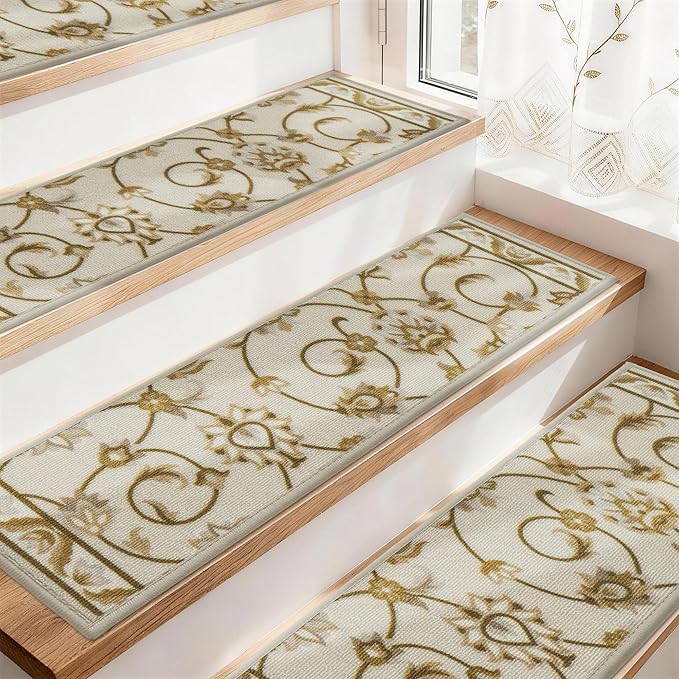 COSY HOMEER-Stair-Treads-for-Wooden-Steps Washable Indoor Stair Treads Non Slip 8" X 30" Soft Stair Carpet Treads Reusable Peel and Stick Stair Runner Rug for Kids, Elders and Pets 4pcs