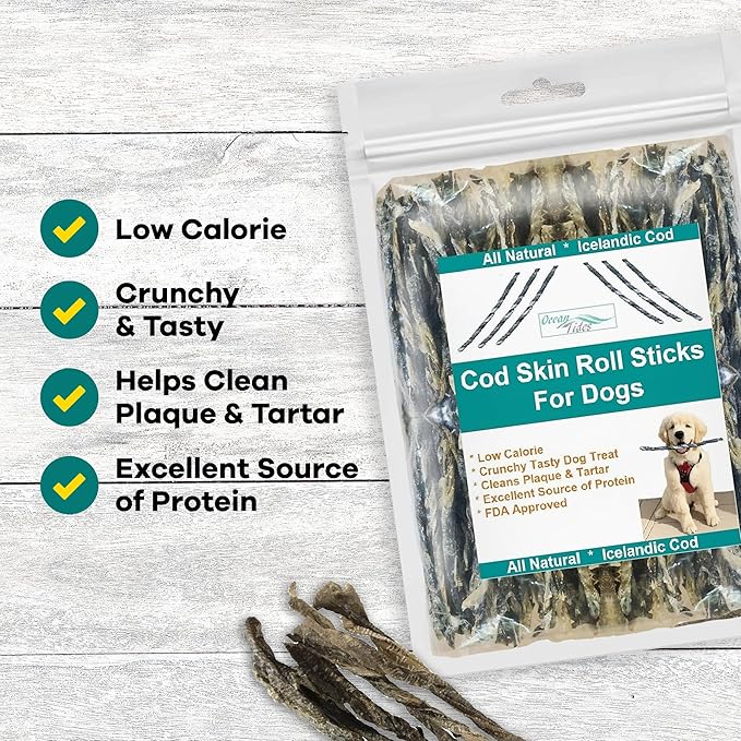 Ocean Tides Cod Skins for Dogs and Cats 12 Oz - Icelandic Atlantic Fish Skin Treats, Dried Lean Crunch Sticks Chews, Single Ingredient Healthy Treat for Dogs, Crunch Fish Sticks for Puppies and Cats