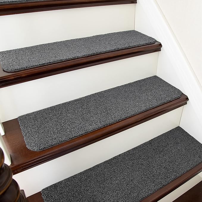 COSY HOMEER Stair Treads Non-Slip Carpet Mat 28inX9in Indoor Stair Runners for Wooden Steps, Stair Rugs for Kids and Dogs, 100% Polyester TPE Backing 7pcs,Black,Protect Floor