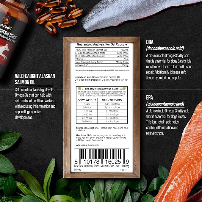 Wild Alaskan Salmon Oil for Dogs and Cats | Omega 3 Fish Oil Soft Gel Capsules | Skin and Coat, Joint and Heart Support | 1000mg EPA DHA | 120 Count