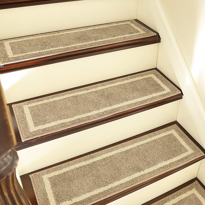 COSY HOMEER Soft Stair Treads Non-Slip Carpet Mat 28inX9in Indoor Stair Runners for Wooden Steps, Stair Rugs for Kids and Dogs, 100% Polyester TPE Backing 7pcs, Beige
