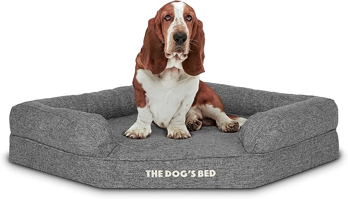 The Dog’s Bed Orthopedic Memory Foam Corner Dog Bed, Calming Surface – CertiPUR-Certified Foam, Largeinen Fabric, Grey Linen, Large