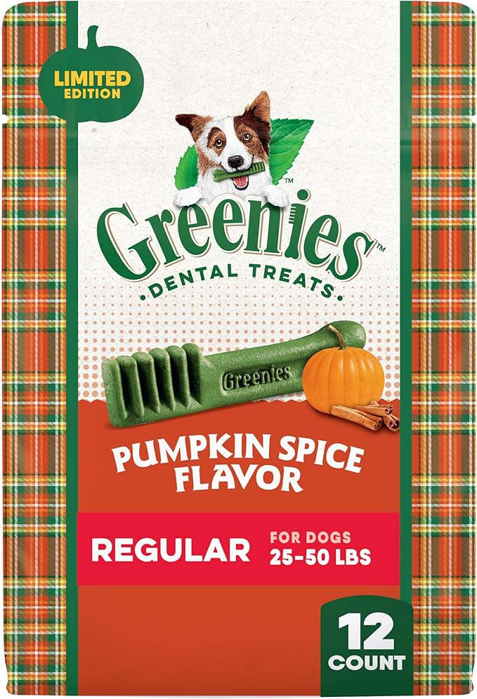 Greenies Veterinarian-Recommended, Limited-Edition Natural Dental Dog Treats Regular Size, Pumpkin Spice Flavor, 12 oz. Pack, 12 Count