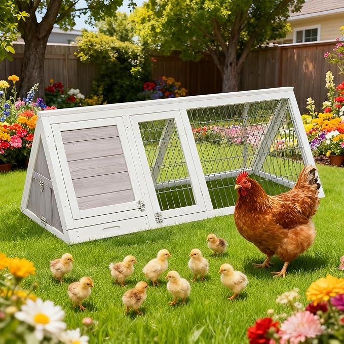 Chicken Run Coop,Wooden A-Frame Quail Cages Rabbit Hutch with Ventilating Wire & 3 Doors Indoor Outdoor Portable Playpen Run House for Duck Chick Poultry & Small Animals (Grey)