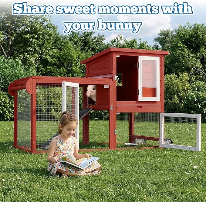 Rabbit Hutch Indoor Outdoor Bunny Cage, Weather Resistant Openable Roof, Slide Out Tray, Handle & Rolling Wheels, Chicken Coop, 48.05" L x 26.02" W x 34.3" H, Red