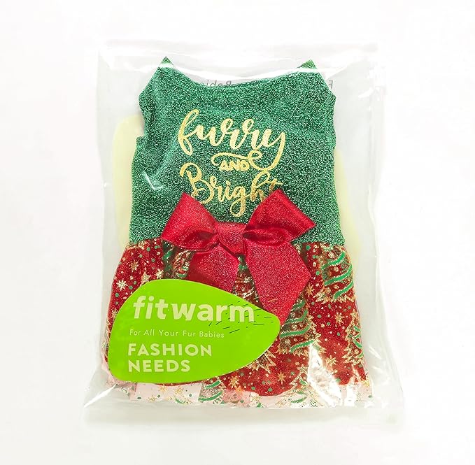 Fitwarm Furry and Bright Dog Christmas Outfit, Sparkly Pet Holiday Tulle Dress, Winter Clothes for Small Dogs - Girl, Christmas Tree Outfit - Red, Green, Golden, Medium