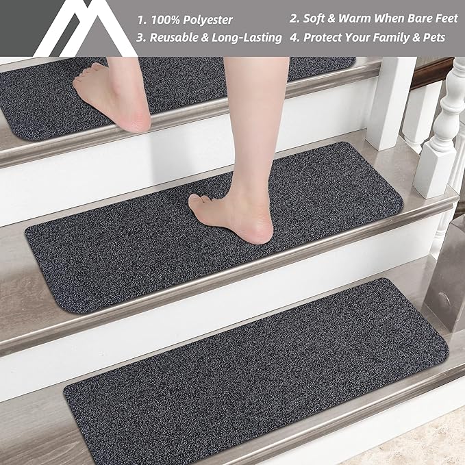 COSY HOMEER Stair Treads Non-Slip Carpet Mat 28inX9in Indoor Stair Runners for Wooden Steps, Stair Rugs for Kids and Dogs, 100% Polyester TPE Backing 7pcs,Black,Protect Floor