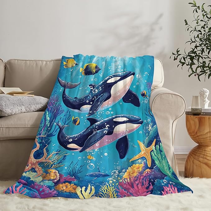 Whale Throw Blanket Ocean Whale Stuff Gifts for Kids Girls Boys Adults Women Man Soft Cozy Warm Plush Fluffy Fuzzy Fleece Blanket Decor 50''X60''