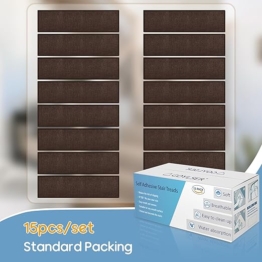 Peel and Stick Self Adhesive Jute Carpet Stair Treads, 15 Pack Rubber Backed Basement Safety Stair Mats, Non Slip Stair Cover Step Pads for Stairs, Deep Brown