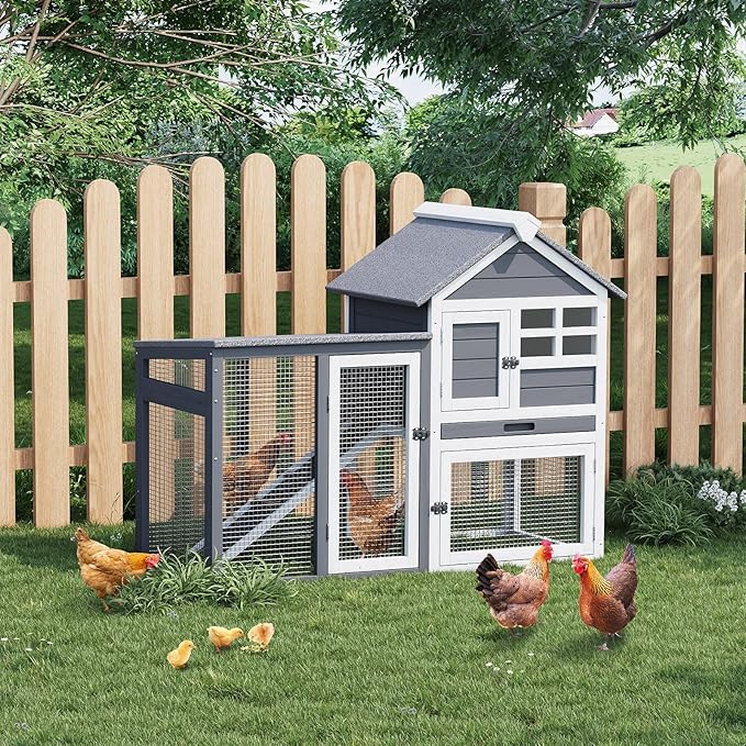 2-Story Rabbit Hutch, Small Wooden Chicken Coop, with Waterproof Roof, Pull Out Tray and Anti-Slip Ramp, Bunny Cage for Indoor Outdoor (45.28" L x 20.08" W x 36.61" H)