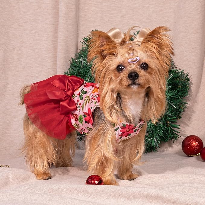 Fitwarm Christmas Flowers Dog Tutu Dress, Elegant Winter Clothes for Small Dogs Girl, Holiday Pet Outfit, Red, Pink, XXS