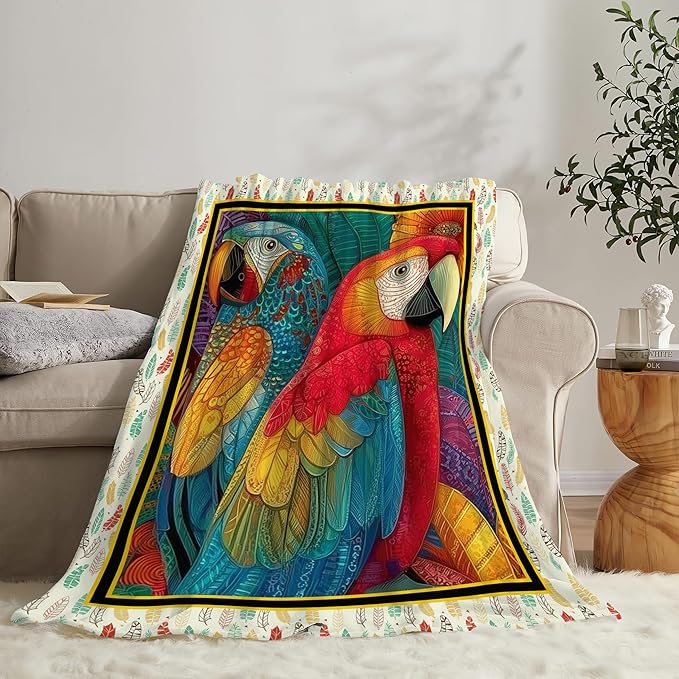 Parrot Bird Throw Blanket Macaw Stuff Gifts for Kids Girls Boys Adults Women Men Soft Cozy Warm Plush Fluffy Fuzzy Fleece Blanket Decor 60''X80''