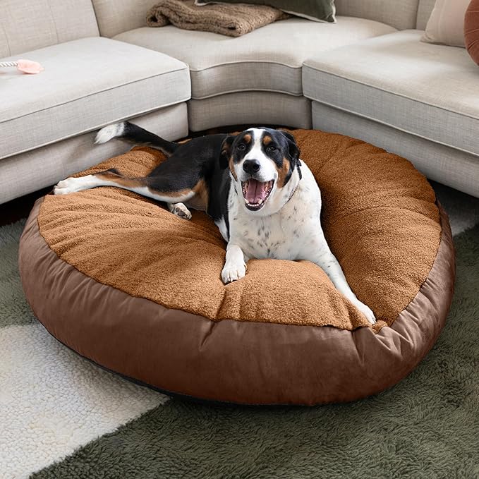 Jaxx Robbi Dog Bed Bean Bag – Round Bed with Machine Washable Cover and No-Slip Base - Supportive Memory Foam for Senior Dogs & Joint Pain Relief - Ultimate Comfort & Luxury - Large, Caramel/Chocolate