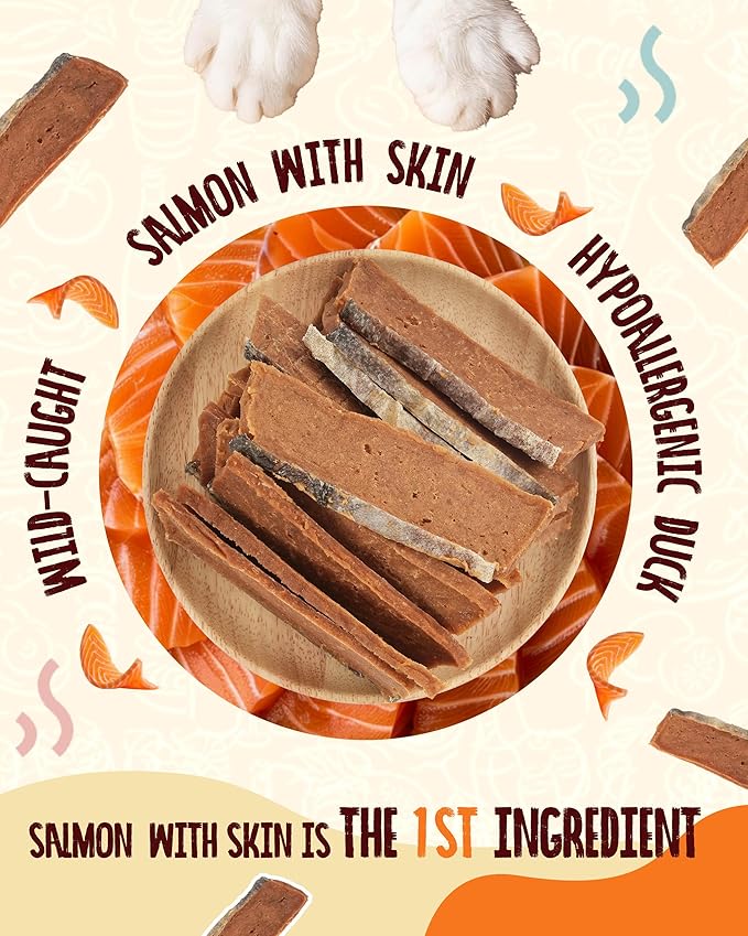 PAWUP Salmon Dog Treats, Smoked Salmon Jerky with Fish Skin, Salmon and Duck Recipe, High Protein Snacks, Natural Omega 3-6, Low in Fat with Taurine, 12.5 oz (15-20 PCS)