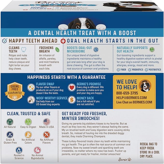 Bernie's Charming Chompers - Daily Dental Chews for Dogs - Cleans Teeth, Freshens Breath, + Boosts Oral-Gut Microbiome. Easy to Digest, Supports Healthy Digestion Naturally (36 oz, Small Dogs)