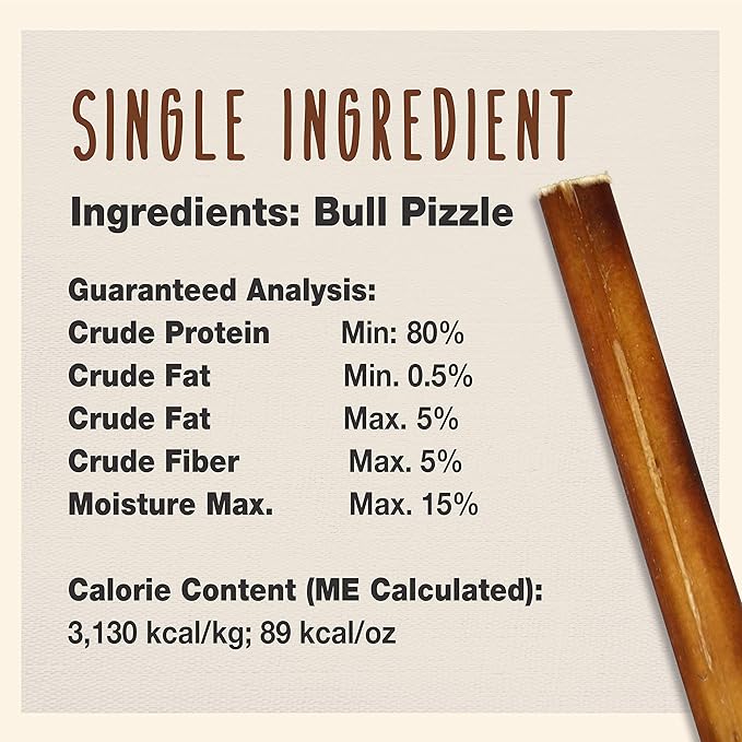 Cadet Bully Sticks for Large Dogs, All-Natural Beef Pizzle, Rawhide-Free Long-Lasting Dog Chews for Aggressive Chewers, 10 Count