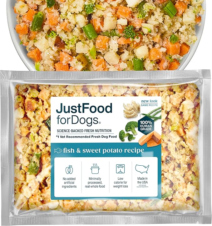 JustFoodForDogs Frozen Fresh Dog Food, Complete Meal or Dog Food Topper, Fish & Sweet Potato Human Grade Dog Food Recipe, 18 oz (Pack of 21)