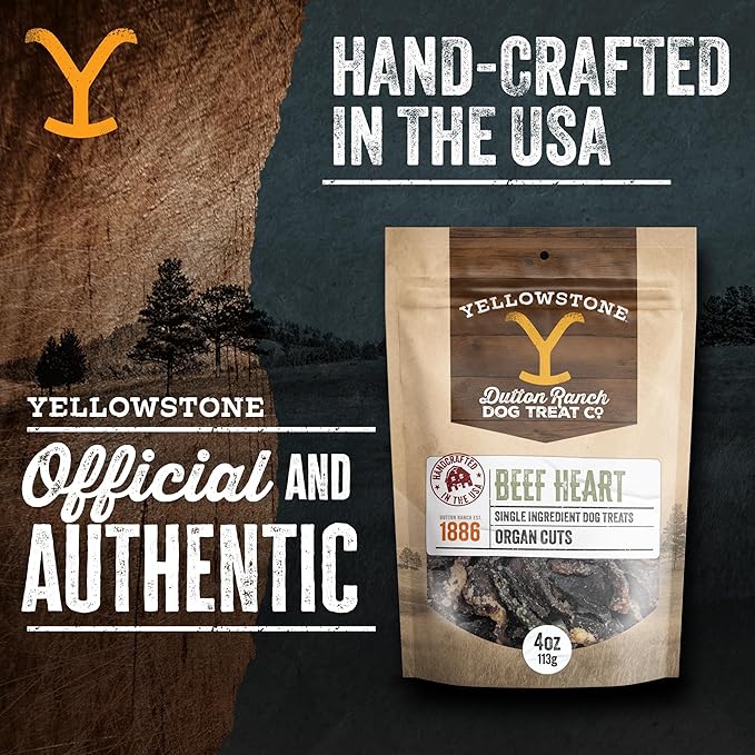 Authentic Yellowstone Dutton Ranch Dog Treat Co. - Single Ingredient Organ Meat: Beef Hearts - Premium Dog Treats with No Additives, Preservatives or Fillers - Made in The USA - 4oz