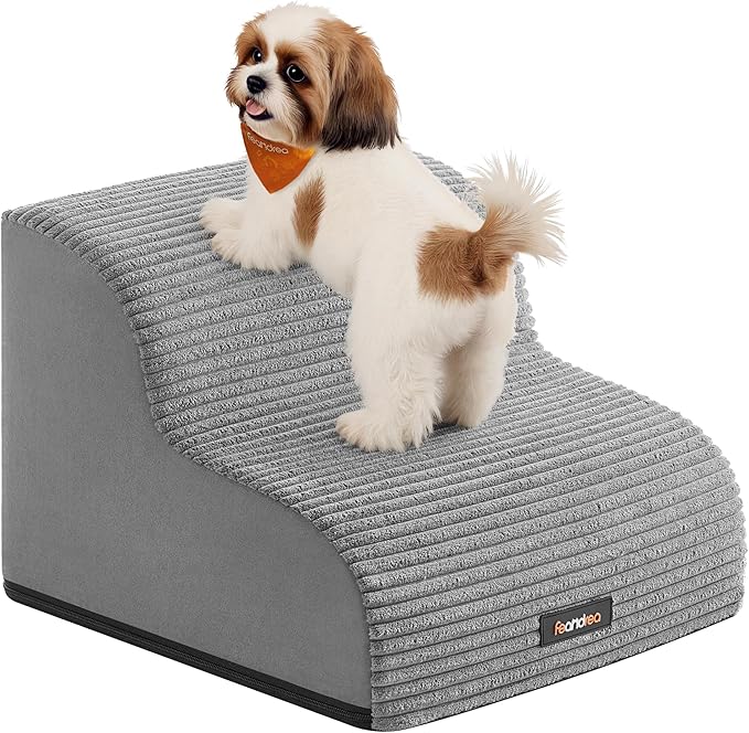 Feandrea 2-Step Dog Stairs, Dog Steps for Bed, Sofa, Waterproof Pet Stairs with Anti-Slip Designs, Gentle Slope, Removable Washable Cover, Handle, Dove Gray UPPS002G01