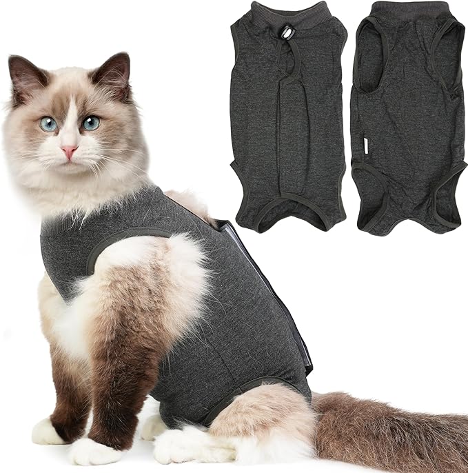 Hpetppy Cat Recovery Suit for Spay Abdominal Wounds, Kitten Onesie Bodysuit for Cats After Surgery, Cat Surgery Recovery Suit Female Cone of Shame Alternative for Cats Anti Licking (Dark Grey M)