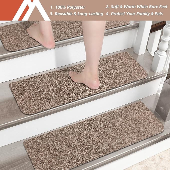 COSY HOMEER Stair Treads Non-Slip 15pcs Carpet Mat 28inX9in Indoor Stair Runners for Wooden Steps, Stair Rugs for Kids and Dogs, 100% Polyester TPE Backing Beige,Protect Floor