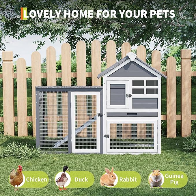 2-Story Rabbit Hutch Indoor Outdoor with Waterproof Roof, 48" L Bunny Cage with Pull Out Tray and a Wooden Ramp, Bunny Hutch Guinea Pig House for Rabbit Lover Pet Lover
