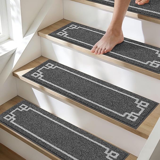 BEQHAUSE Stair Treads for Wooden Steps Non Slip Washable Carpet Stair Treads with Reusable Residue Free Backing Soft Polyester Stair Mats Indoor for Kids Elders and Dogs 9”x28”,4pcs,Dark Grey