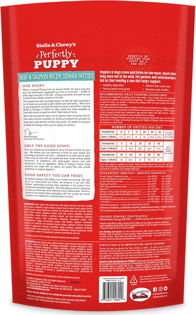 Stella & Chewy's Perfectly Puppy Freeze-Dried Raw Beef and Salmon Dinner Patties Dog Food, 14 oz. Bag (Pack of 6)