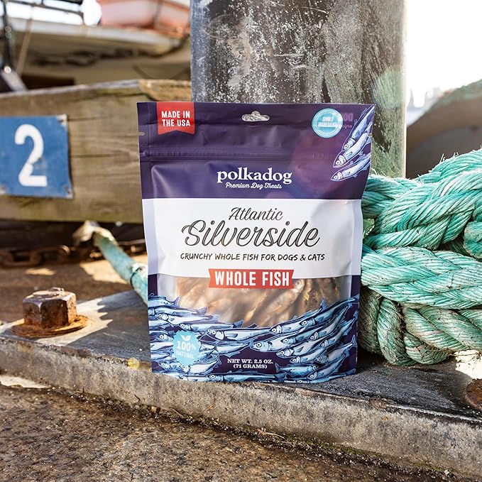 Polkadog Atlantic Silverside Whole Fish Dog Treats - All Natural, Single Ingredient Crunchy Premium Treats for Dogs, Wild Caught Fish, Great for Allergies, Handcrafted in USA - 2.5oz (1pk)