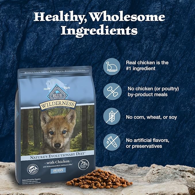 Blue Buffalo Wilderness Puppy High Protein Dry Dog Food with Real Chicken Plus Wholesome Grains, Made in the USA with Natural Ingredients, Chicken, 13-lb. Bag