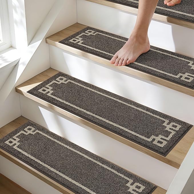 BEQHAUSE Stair Treads for Wooden Steps Non Slip Washable Carpet Stair Treads with Reusable Residue Free Backing Soft Polyester Stair Rugs Indoor for Kids Elders and Dogs 9”x28”,4pcs,Brown