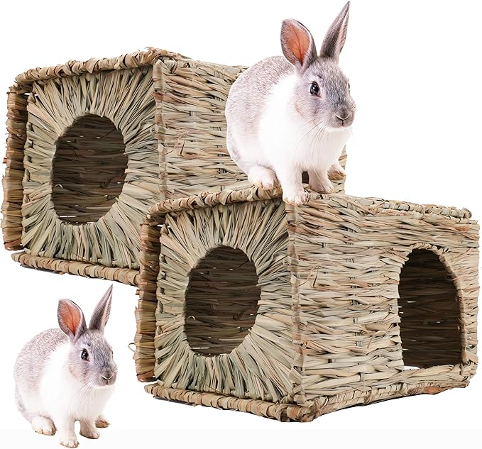 WUWEOT 2 Pack Large Grass Bunny House, Foldable Rabbit Hut, Play Hideaway Bed Hay Mat Chew Toy for Rabbit, Guinea Pigs, Gerbils, Hamster and Small Animals, 11"x8"x8"