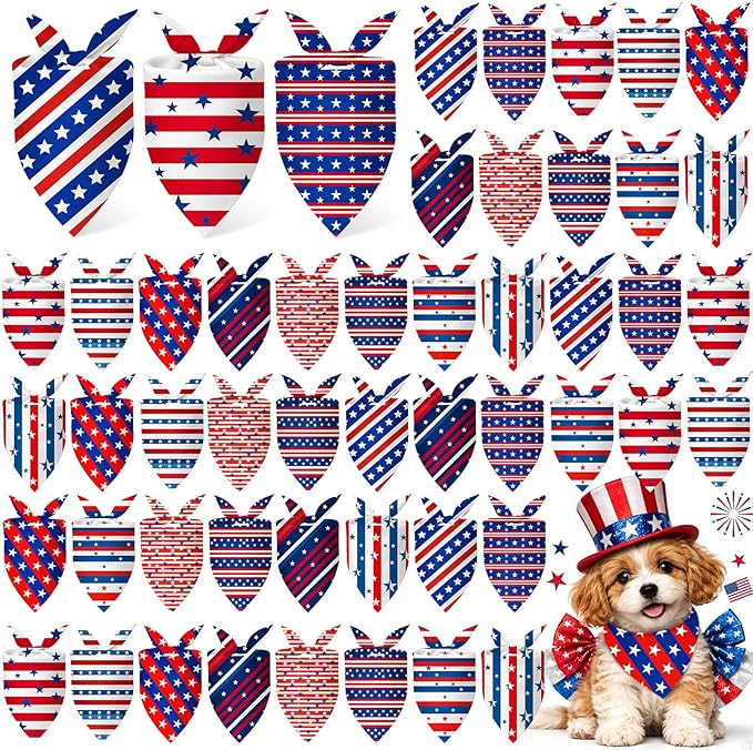 Weewooday 50 Pcs 4th of July Dog Bandanas Bulk for Patriotic American Striped Star Red White and Blue Independence Day Flag Scarf for Small Medium Large Outfit(Striped Star, 19.7 x 13.8 x 13.8 Inch)