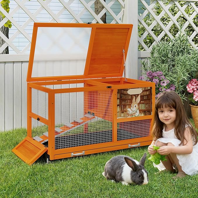 COZIWOW 36.5-Inch Double-Decker Wooden Rabbit Hutch with Wheels, Featuring A Cleaning Tray and Ladder—Stylish and Easy to Assemble（Orange and Pattern）