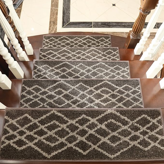 COSY HOMEER Soft Stair Treads Non-Slip Carpet Mat 28inX9in Indoor Stair Runners for Wooden Steps,Stair Rugs for Kids and Dogs, 100% Polyester TPE Backing 10pcs,Brown,Rhombus