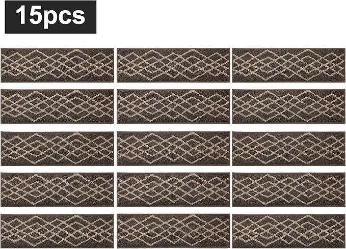 COSY HOMEER Soft Stair Treads 15pcs Non-Slip Carpet Mat 28inX9in Indoor Stair Runners for Wooden Steps,Stair Rugs for Kids and Dogs, 100% Polyester TPE Backing Brown,Rhombus