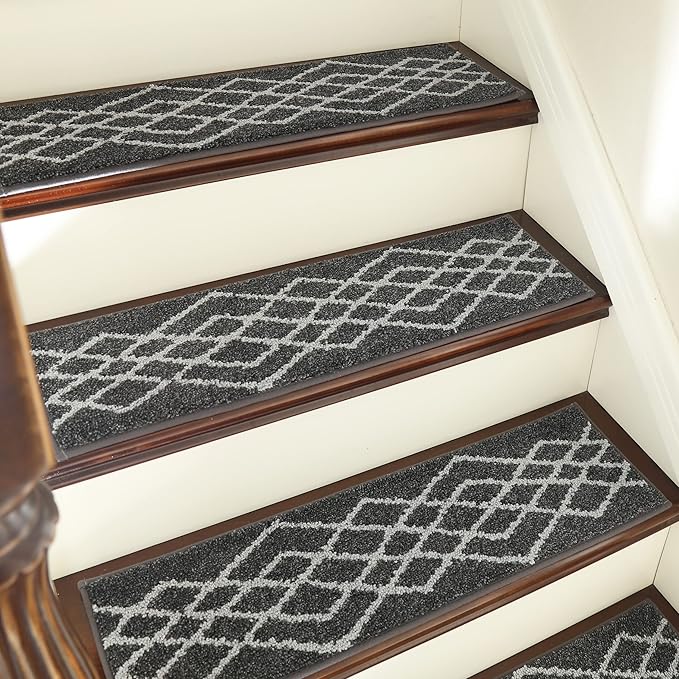 COSY HOMEER Soft Stair Treads Non-Slip Carpet Mat 28inX9in Indoor Stair Runners for Wooden Steps,Stair Rugs for Kids and Dogs, 100% Polyester TPE Backing 7pcs,Black,Rhombus
