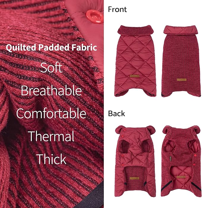 Fitwarm Reversible Quilted Dog Coat, Cozy Winter Clothes for Small Dogs Boy Girl, Windproof Thermal Pet Jacket, Red, Burgundy, Medium