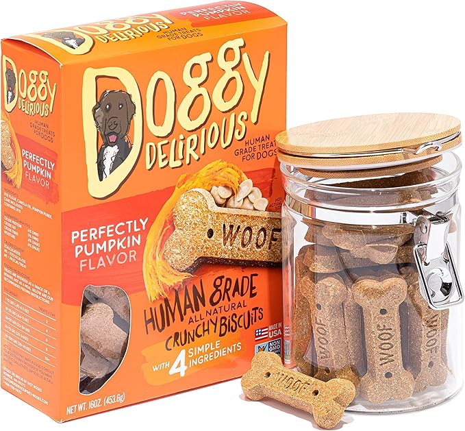 Doggy Delirious Crunchy Dog Treats – for All Pet Sizes, Breeds – All-Natural Puppy Treat – 100% Human-Grade – Delicious Pet Treat Bones, Snacks for Dogs – Pumpkin, 16 Oz.