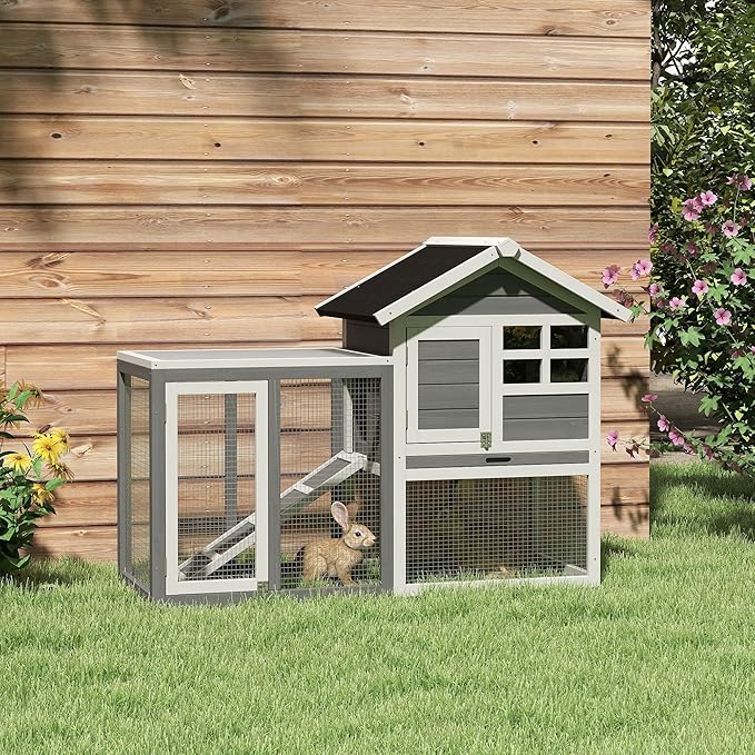 PawHut 49" Wooden Rabbit Hutch Bunny Cage with Waterproof Asphalt Roof, Fun Outdoor Run, Removable Tray and Ramp, for Rabbits, Chickens, Ducks, Gray