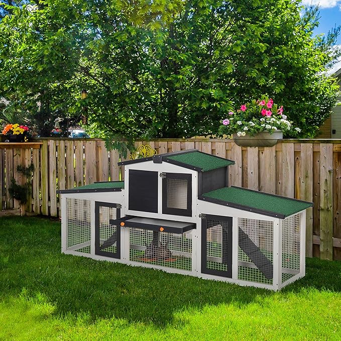 PawHut Large Rabbit Hutch with Double Runs, Wooden Guinea Pig Cage Outdoor, Bunny Cage with Removable Tray, Ramps, Roof, for Rabbits, Chickens, Ducks, 78" x 19" x 34", Gray