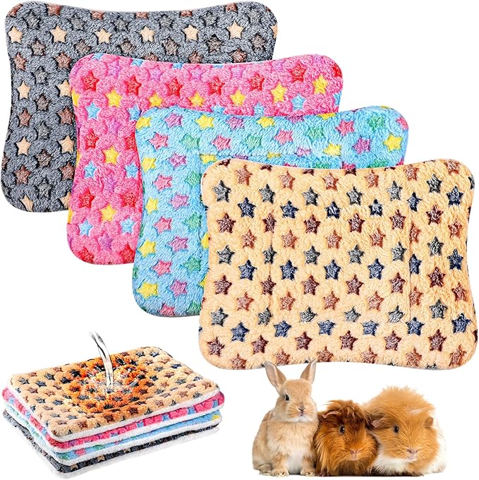 Haull 4 Pcs Waterproof Guinea Pig Bedding Guinea Pig Bed Plush Cage Liners Soft Rabbit Dog Crate Pad Cat Mat Reversible Cozy Animal Pee Pad Hamster Bunny Mat Accessory(Star,13 x 10 Inch)
