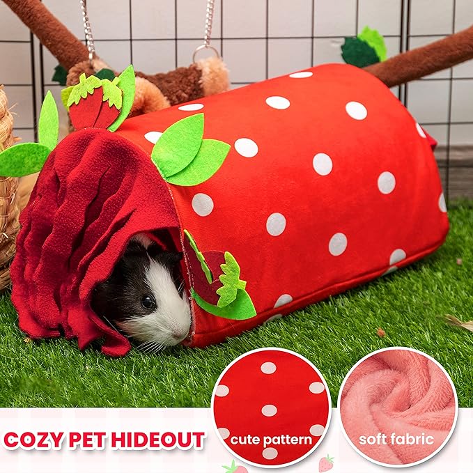 Guinea Pig Hideout - Soft Fleece Tunnel House for Rat Hamster Hedgehog Chinchilla Squirrel Samll Animals - Cute Strawberry Shapes Bedding Cage Accessories for Sleeping Rest Playing