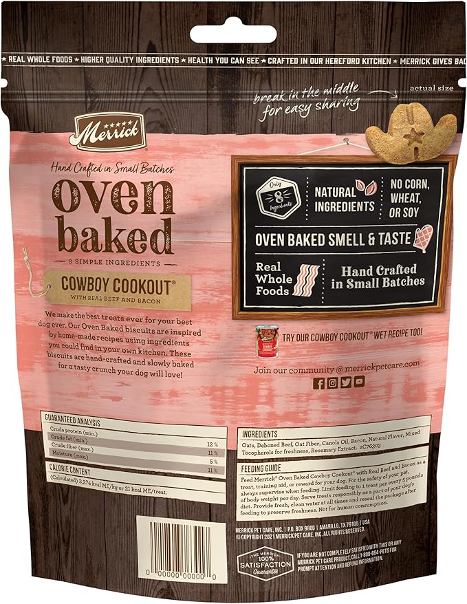 Merrick Oven Baked Natural and Crunchy Bag of Bacon Treats, Cowboy Cookout Recipe with Real Beef and Bacon - 11 oz. Bag