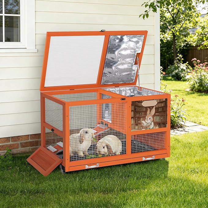 COZIWOW 36.5-Inch Double-Decker Wooden Insulated Rabbit Hutch with Wheels, Heated Rabbit Cage Featuring A Cleaning Tray and Ladder—Stylish&Easy to Assemble（Orange and Warm）