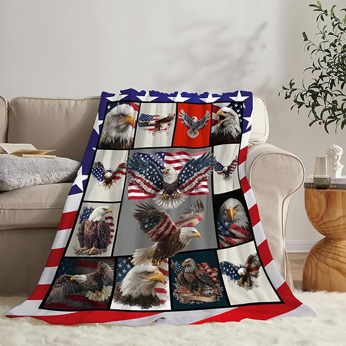 Eagle Throw Blanket American Flag Bald Eagle Stuff Gifts for Kids Girls Boys Adults Women Men Soft Cozy Warm Plush Fluffy Fuzzy Fleece Blanket Decor 60''X80''