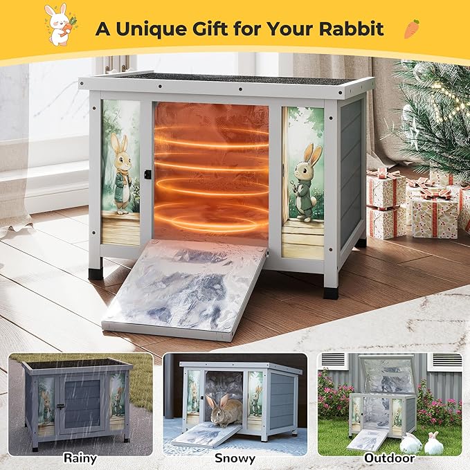 Coziwow 25" Insulated Cat House Bunny Hutch for Outdoor & Indoor Use - Solid Wood Rabbit Cage with Winter Warm Liner, Lightweight Weatherproof Shelter for Cats, Rabbits, Small Animals (Gray)