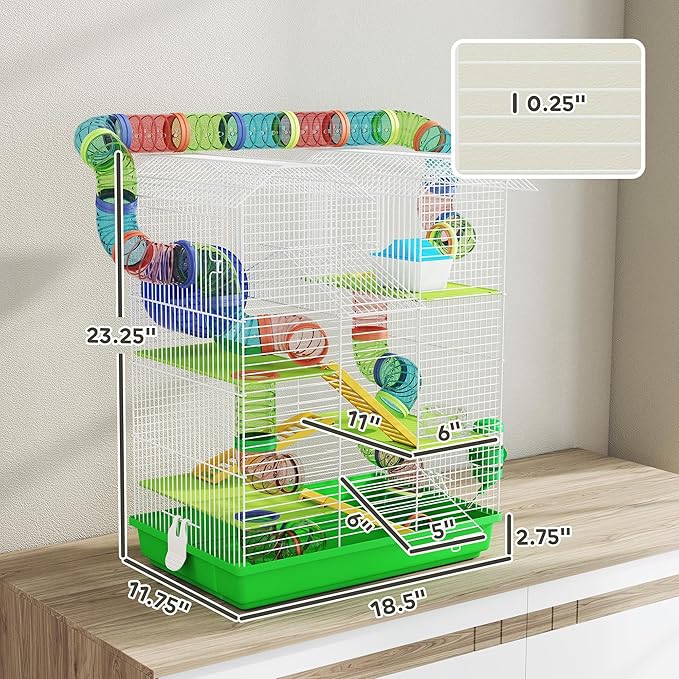 PawHut 18.5" 5 Tier Hamster Cage with Tubes and Tunnels, Small Animal Cage, Rat Gerbil Cage with Water Bottle, Food Dish, Exercise Wheel, Green