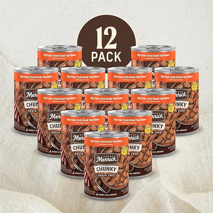 Merrick Chunky Grain Free Premium And Wholesome Canned Dog Food, Real Meat Big Texas Steak Tips Dinner - (Pack of 12) 12 ct. Cans